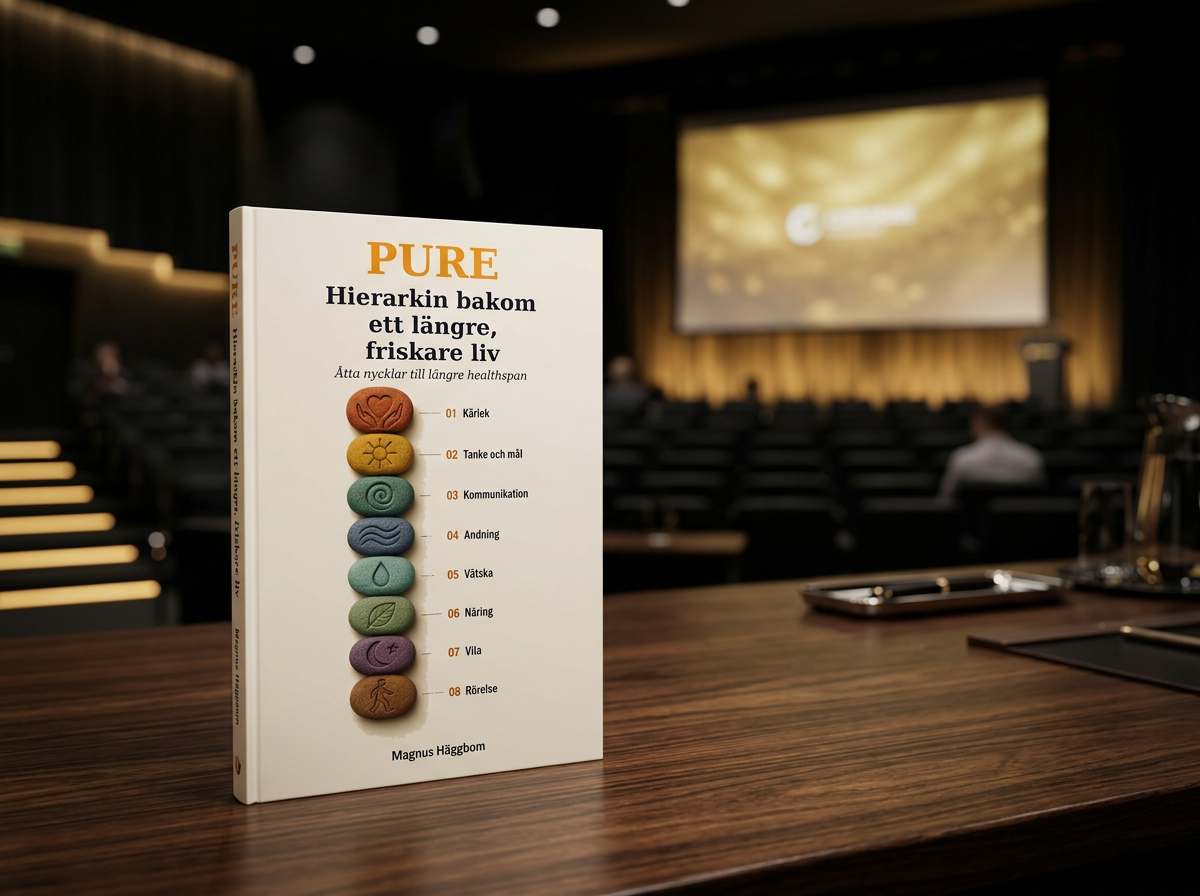Boken PURE – Hierarkin bakom ett längre, friskare liv står på ett bord i en föreläsningssal